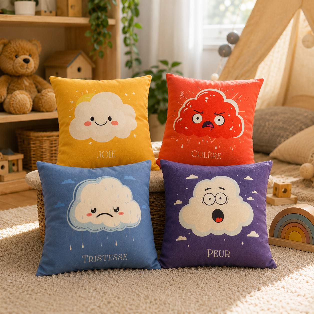 LOT DE 4 COUSSINS EMOTIONS JOIE, COLERE, TRISTESSE, PEUR